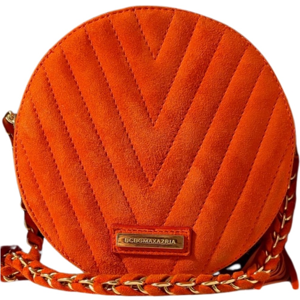 BCBG MaxAzria Orange Faux Suede Quilted Chevron Round Crossbody - Picture 6 of 16